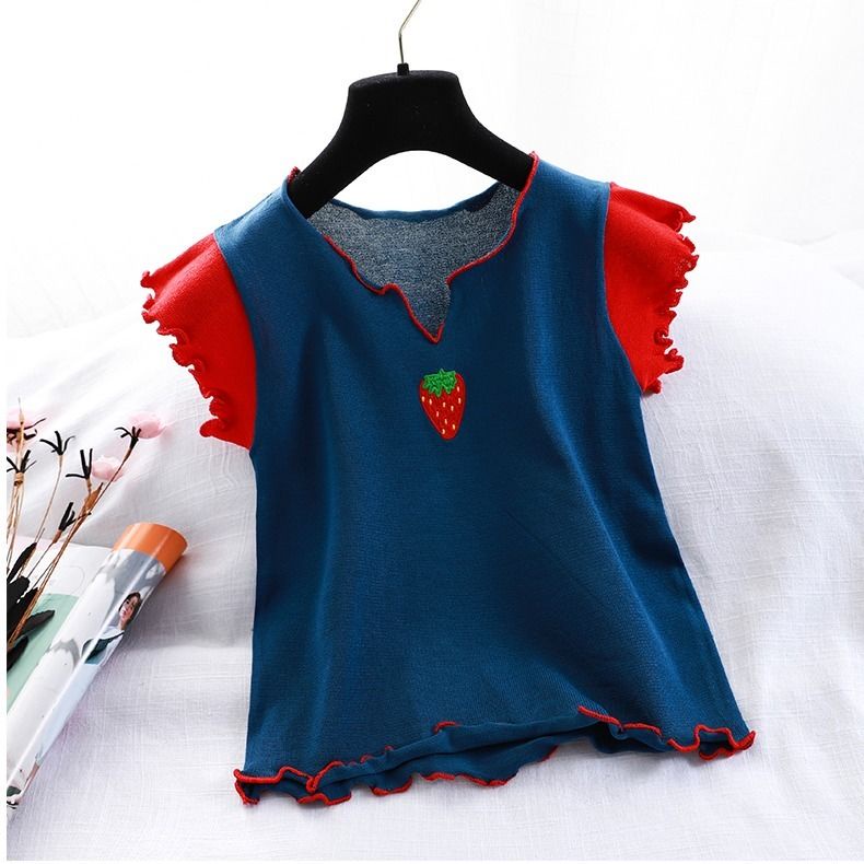 AMOI Áo Thun Dệt Kim Tay Ngắn Dáng Rộng Thêu Hình Dâu Tây Phong Cách Hàn Quốc Dành Cho Nữ