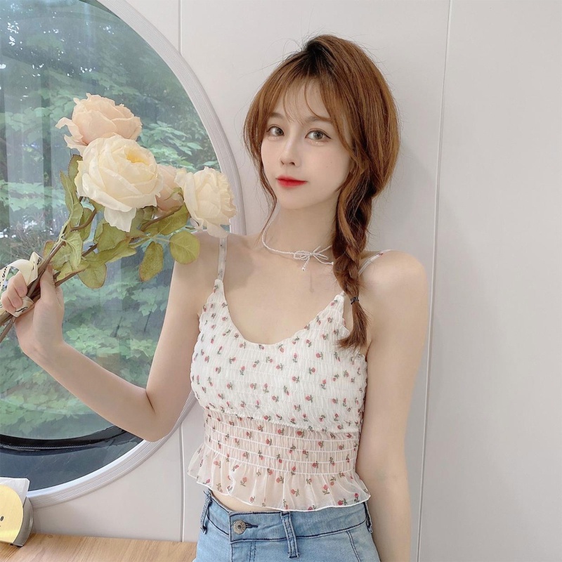 Áo Croptop Hai Dây Không Tay Cổ Chữ V Họa Tiết Hoa Có Đệm Ngực Phối Ren Slin Cho Nữ