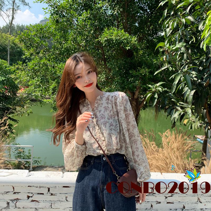 Áo Voan Hoa Tay Phồng Cổ Tim Phong Cách Thanh Lịch Dành Cho Nữ