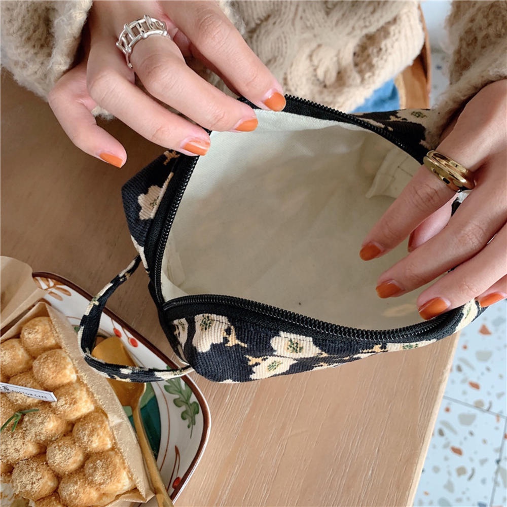 Túi Đựng Bút Chì/ Đồ Trang Điểm Bằng Vải Nhung Kẻ Sọc Caro Và Hoa Thời Trang Hàn Quốc Cho Nữ