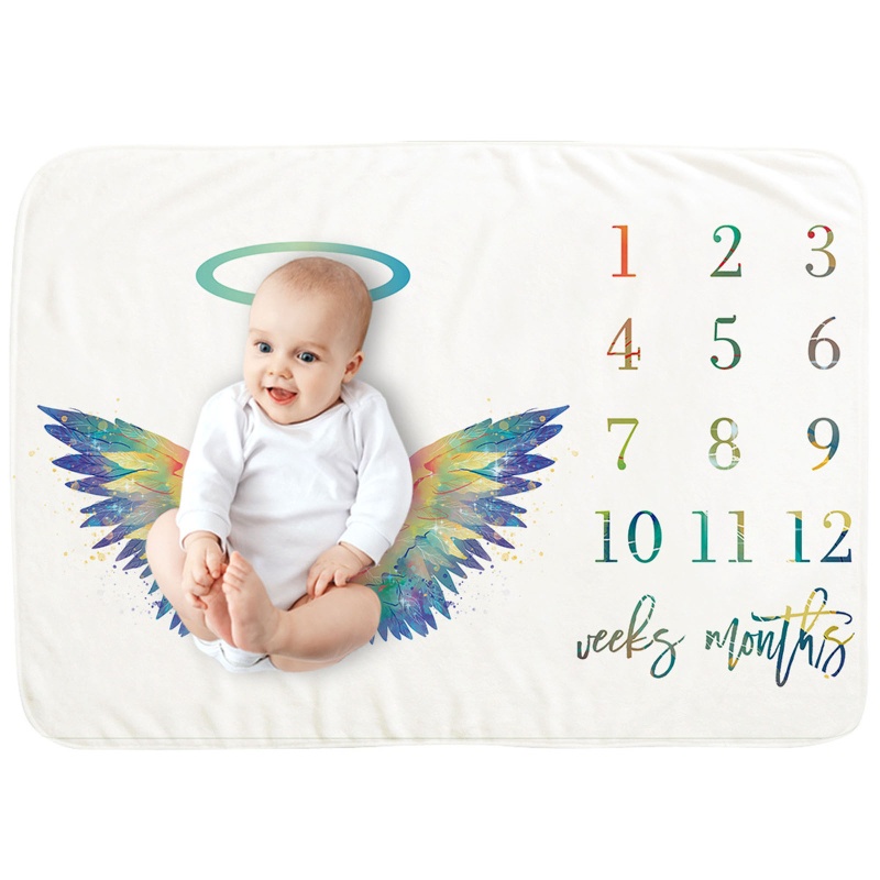 Chăn Flannel Mềm Mại In Hình Cánh Thiên Thần Đánh Dấu Cột Mốc Phát Triển Theo Tháng Cho Bé Sơ Sinh
