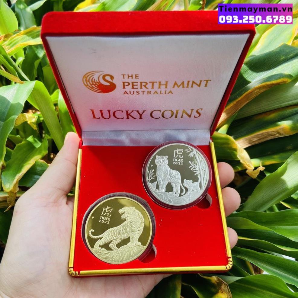 Combo tiền xu con Hổ vàng bạc + tặng kèm hộp nhung đỏ sang chảnh, Quà Tết 2022