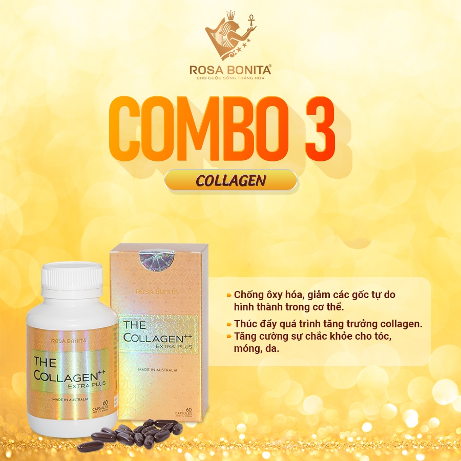 Viên uống trắng da The collagen extra plus - combo 3 hôp làm đẹp da, chống lão hóa, giảm nếp nhăn của RosaBonita