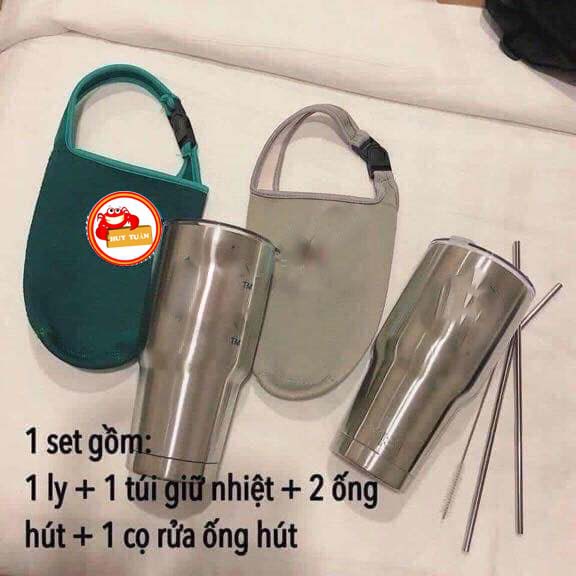 Combo ly giữ nhiệt kèm túi đựng và ống hút dung tích 900ml