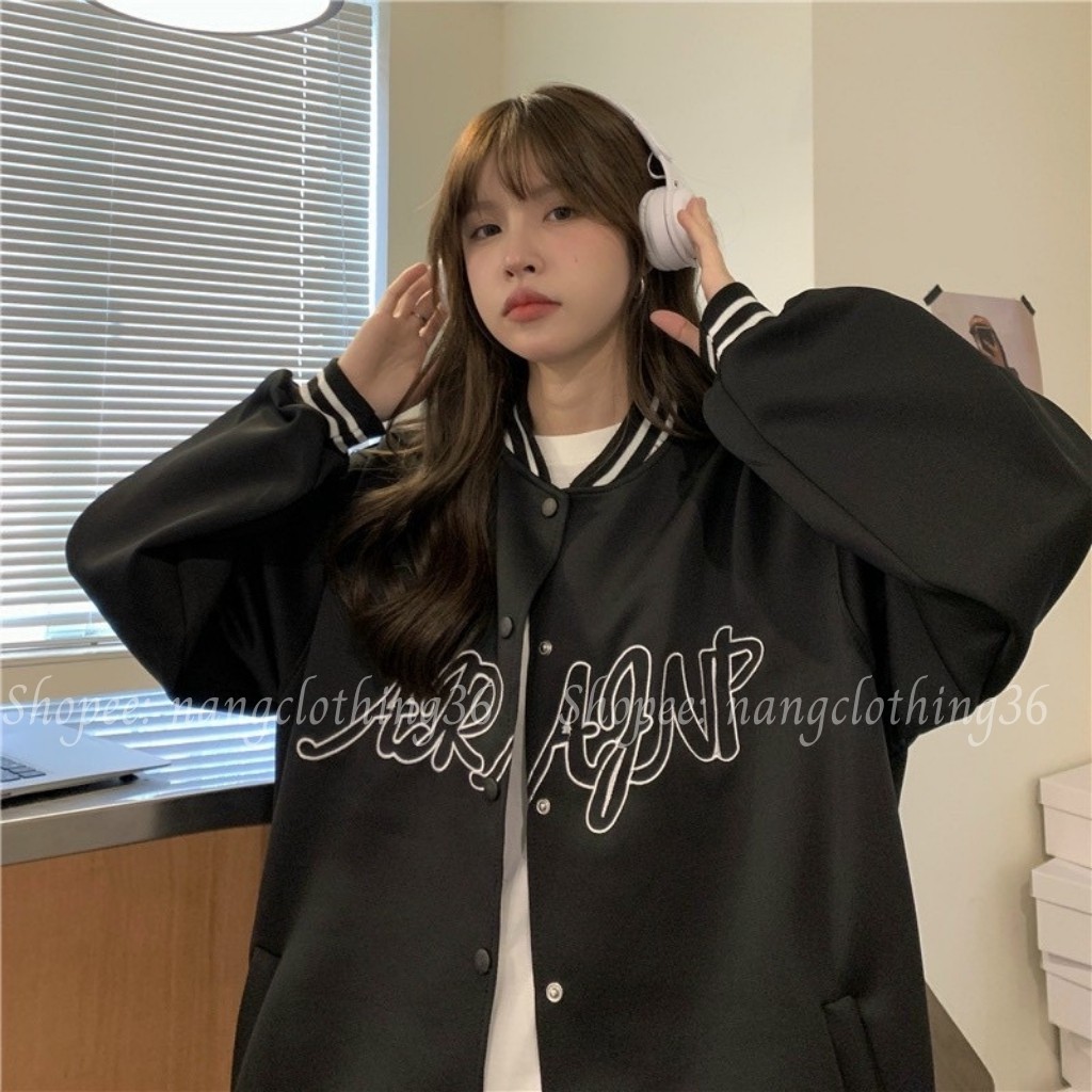 Áo Khoác Bomber Nữ Phong Cách Ulzzang Form Rộng Unisex Hai Màu Đen Trắng Che Gió Mùa Đông Ấm Áp_NN36AR