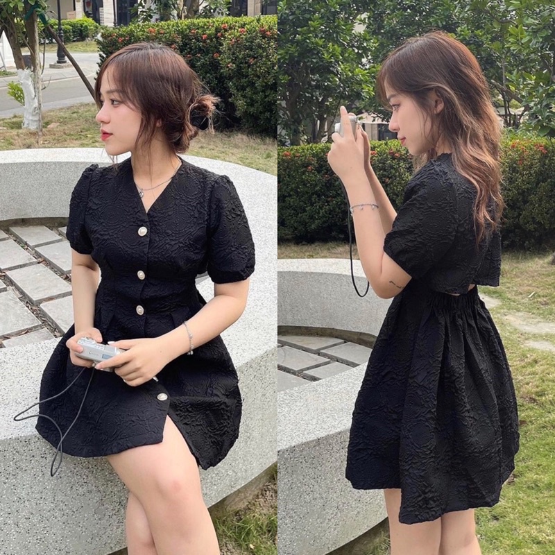 ĐẦM GẤM HOA CỔ V CUTOUT LƯNG CHẤT CHUẨN HÌNH