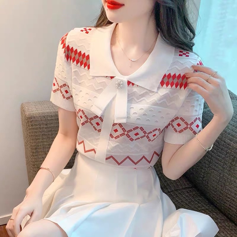 Áo len nữ QC, áo len cổ đức ngắn tay chất len thu đông mỏng nhẹ kèm nơ