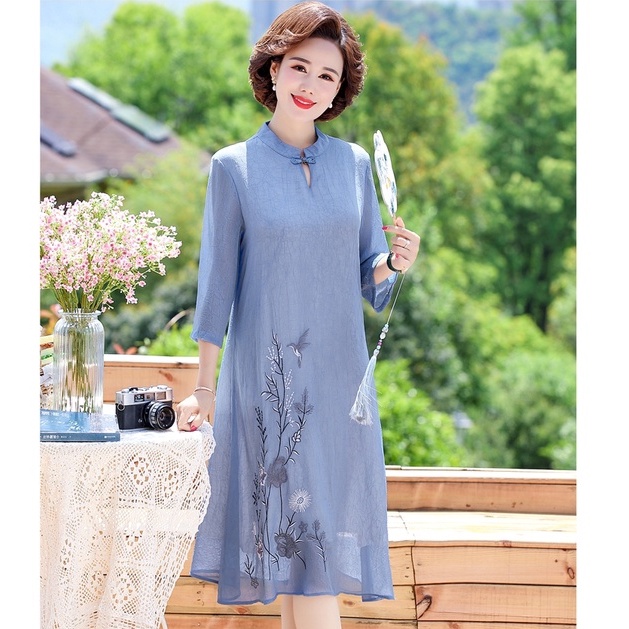 Đầm Trung Niên D395, Mẫu Đầm Cho Mẹ Trung Niên Chất Chiffon Form Rộng Tay Lỡ Sang Trọng | Thời Trang Trung Niên U50+