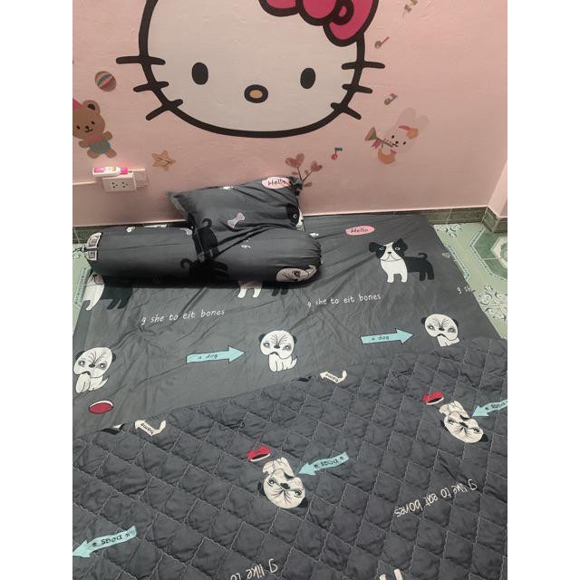 Bộ drap nệm 1M6 1M8 CAISHOPQUEN – 1 ra nệm poly + 2 vỏ gối nằm 45 x 65 cm mẫu chó hello