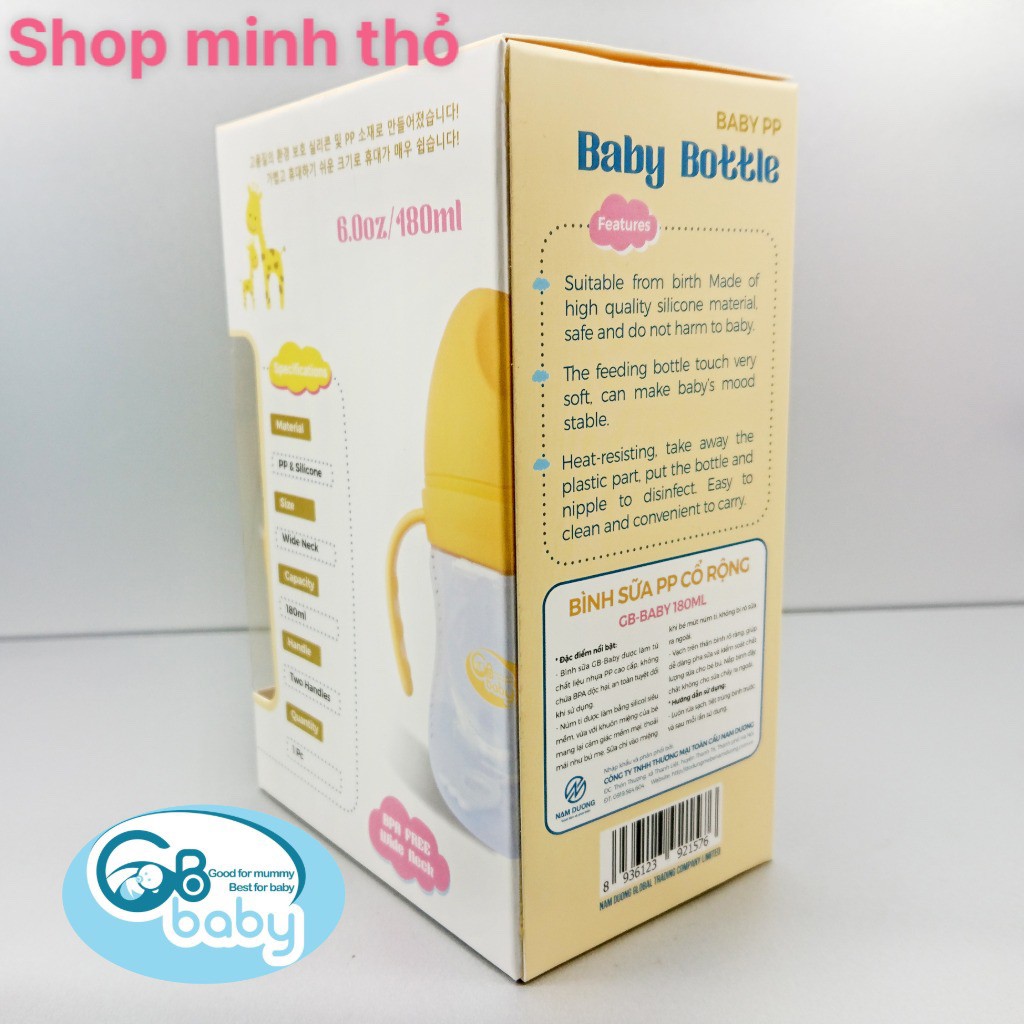 Bình sữa 🌸GB BABY🌸 Bình PP Bottle cổ rộng - có tay cầm size 180ml/240ml - An toàn cho bé