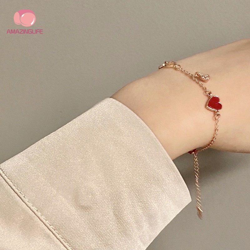 Vòng Tay / Vòng Tay Hợp Kim Mặt Hình Trái Tim Màu Đỏ Dầu Đào Phong Cách Bohemian Dễ Thương Ngọt Ngào Cho Nữ