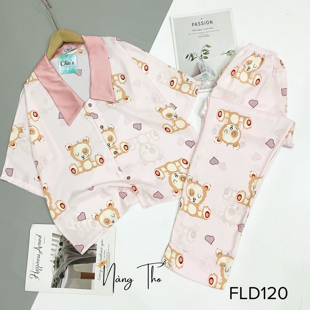 Bộ ngủ lụa pizama mango cao cấp họa tiết, pijama dài tay có túi