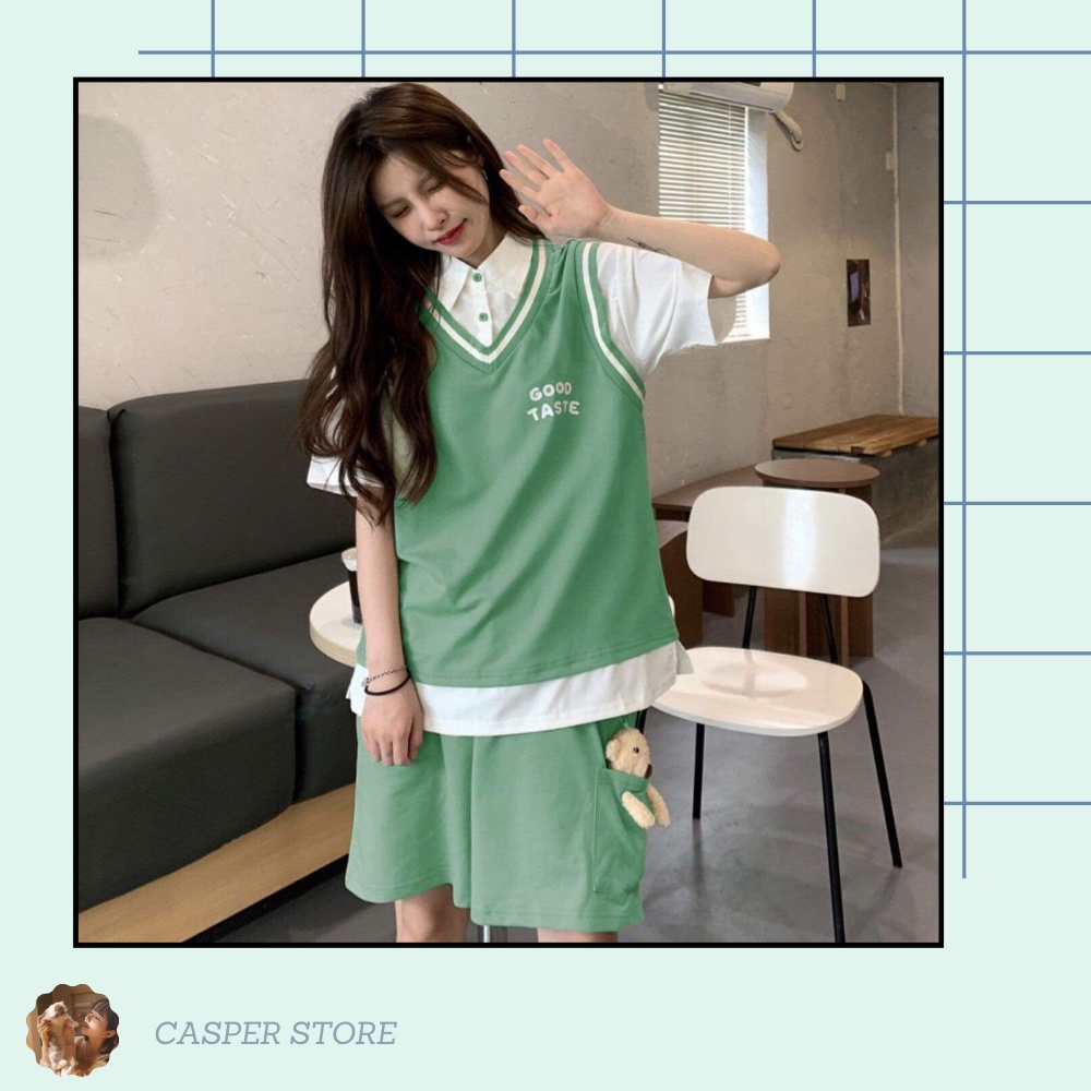 Set cộc tay good taste kèm gấu nữ - Casperstore - Bộ áo gile phối vạt tay lỡ form rộng kèm quần short ống suông