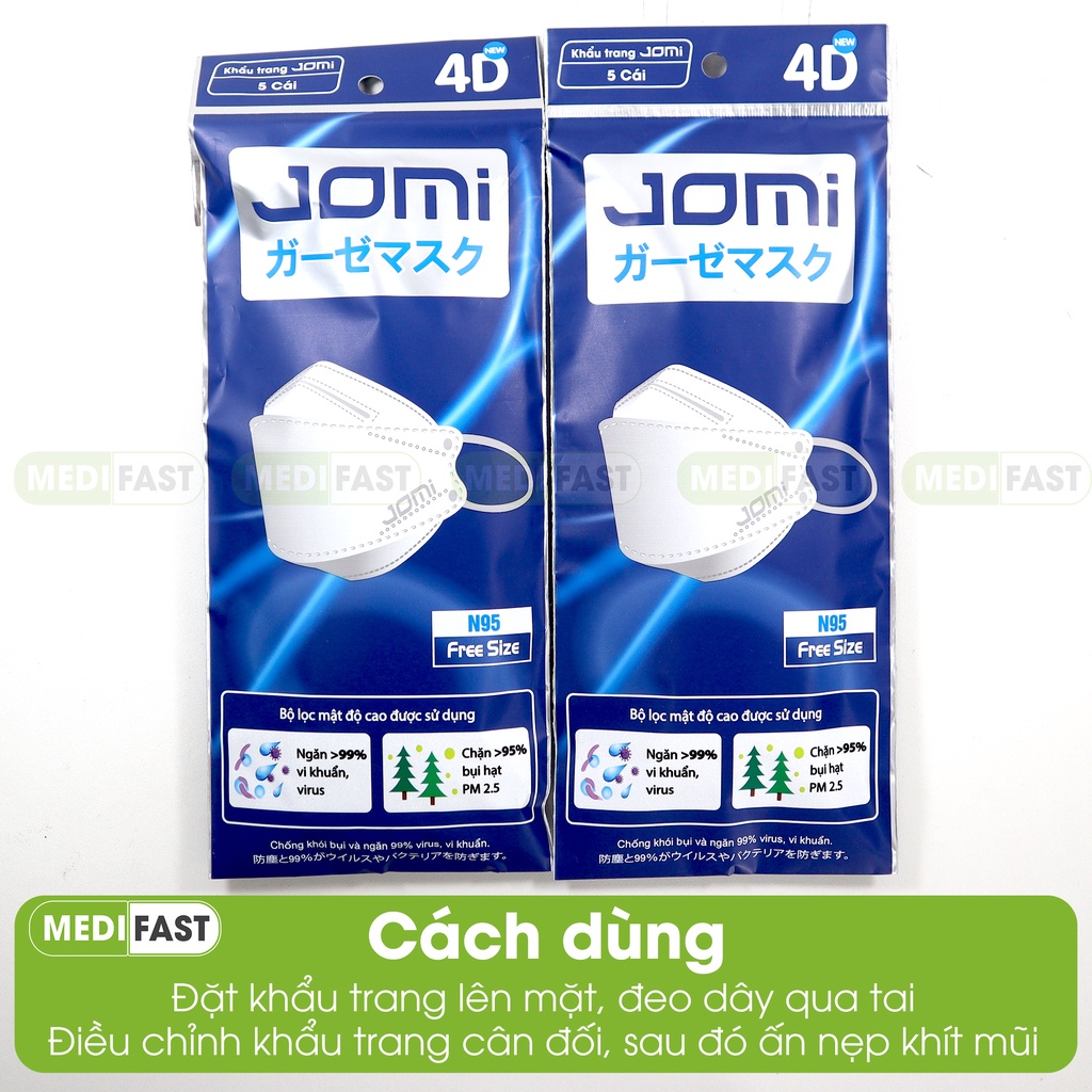 Khẩu trang 4D Jomi  Lọc khói bụi mịn với màng lọc Meltblown, kháng khuẩn tốt, dây co giãn túi 5 chiếc màu trắng