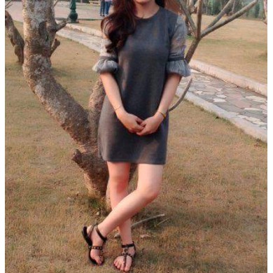 Váy len pha tay ren màu xám lông chuột