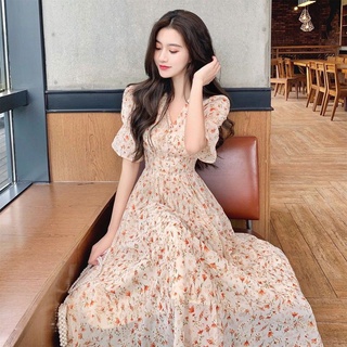 Đầm chiffon tay ngắn họa tiết hoa phong cách cổ điển thời trang mùa hè cho nữ