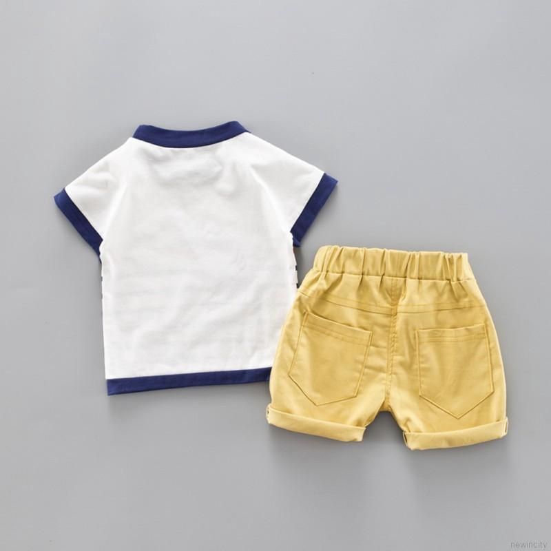 Bộ áo thun cotton kẻ sọc và quần ngắn in hình động vật cho bé trai