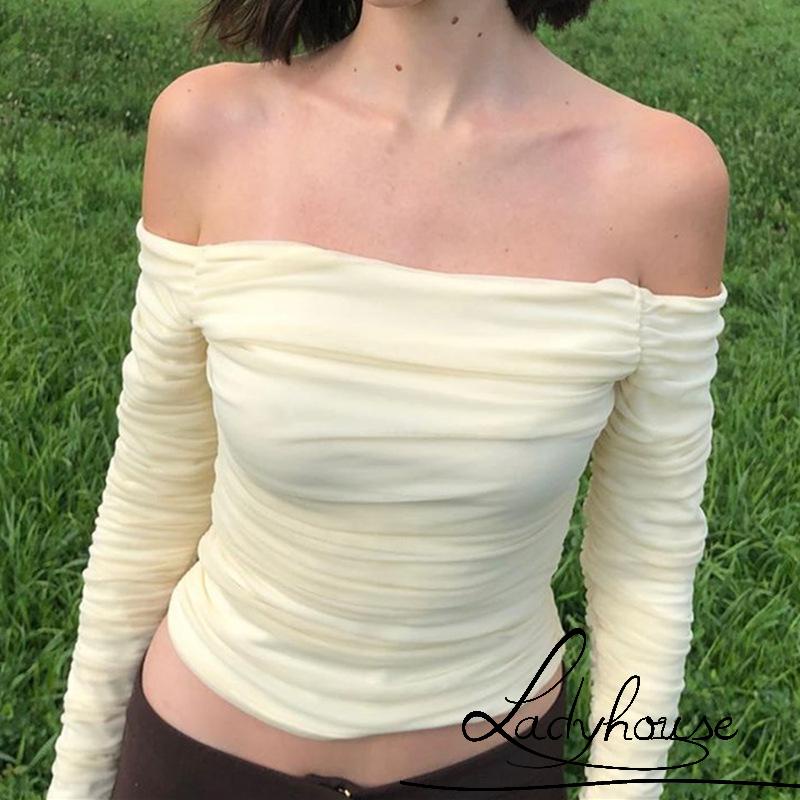 Áo Croptop Trễ Vai Phối Lưới Tay Loe Màu Sắc Trơn Thời Trang Cho Nữ