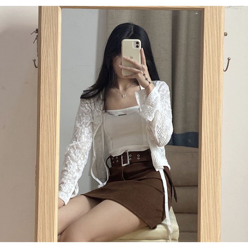 Áo khoác ren hoa tay dài xẻ ống nữ tính siêu xinh siêu xinh