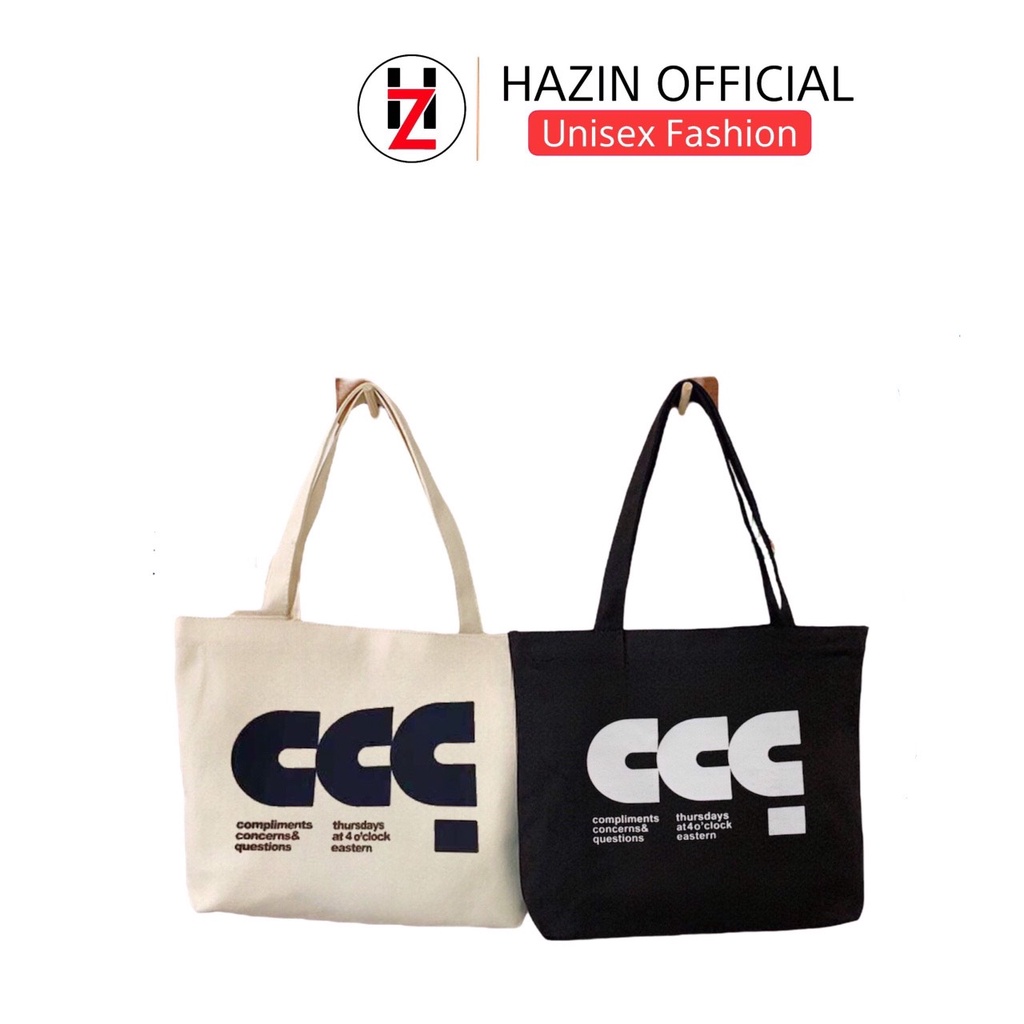 Túi tote Hazin vải canvas ulzzang unisex in chữ CCC có khoá miệng ngăn phụ nhỏ HZ58