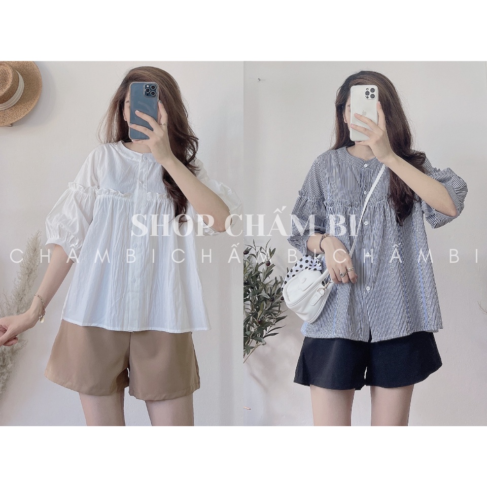 Set kiểu Hàn Quốc S.049, Set áo babydoll cổ tàu bèo ngực trắng cùng quần short nâu