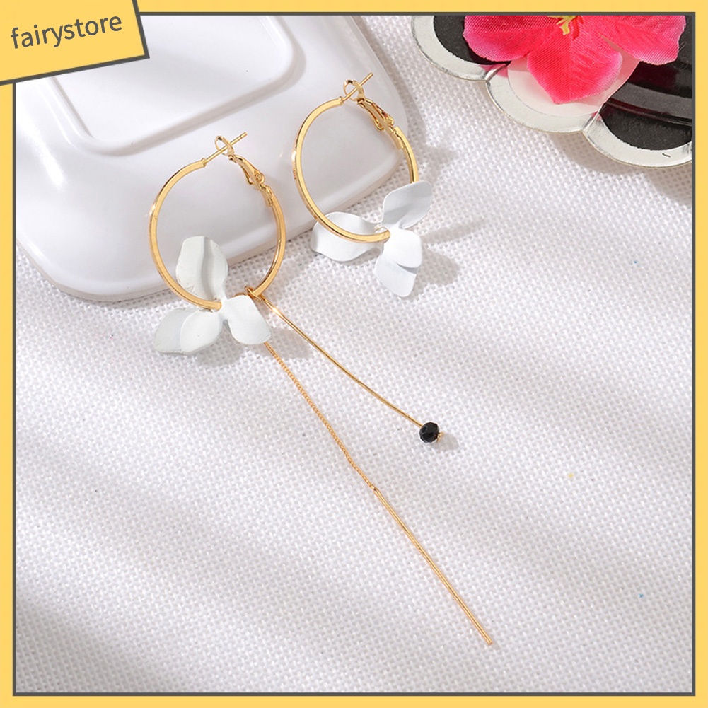 Khuyên tai vòng tua rua thả dây xích dài mặt hoa lá không cân xứng thời trang cho nữ