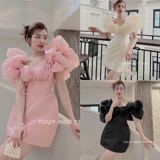 Đầm váy ngắn ôm body cúp ngực tay bồng/phồng hở/bẹt/trễ vai hồng đen kem, thời trang sang trọng quyến rũ gợi cảm dự tiệc