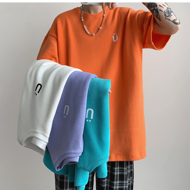 ✦ AFFLIGA ✦Áo Thun Tay Ngắn Cổ Tròn Màu Trơn In Họa Tiết Đơn Giản Phong Cách Hàn Quốc Thời Trang Mùa Hè Cho Nam