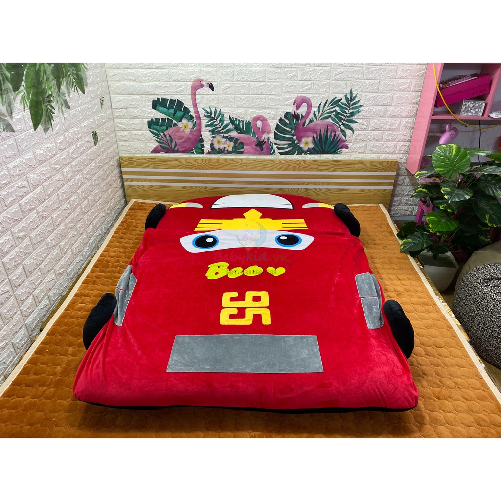 đệm thú bông hình ô tô size 1m2x1m8, vỏ nhung, free may chữ, tặng 1 gối đầu, có chăn mỏng may liền, ruột bông/cao su