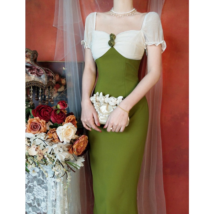 Đầm dáng dài IELGY màu xanh lá phong cách Pháp thời trang mùa hè xinh xắn cho nữ