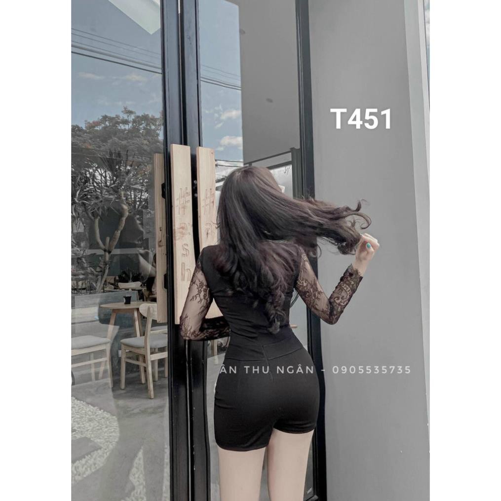 TSL-Jumpsuit nữ ngắn phối ren khoét tay dài có mút ngực dự tiệc dạo phố Jum nữ phối ren tay dài kiểu mới