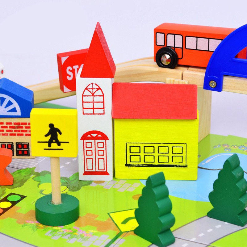 Mô hình đồ chơi BeThongMinh đường giao thông bằng gỗ nhiều chi tiết đường ray cầu vượt kèm ô tô cho bé