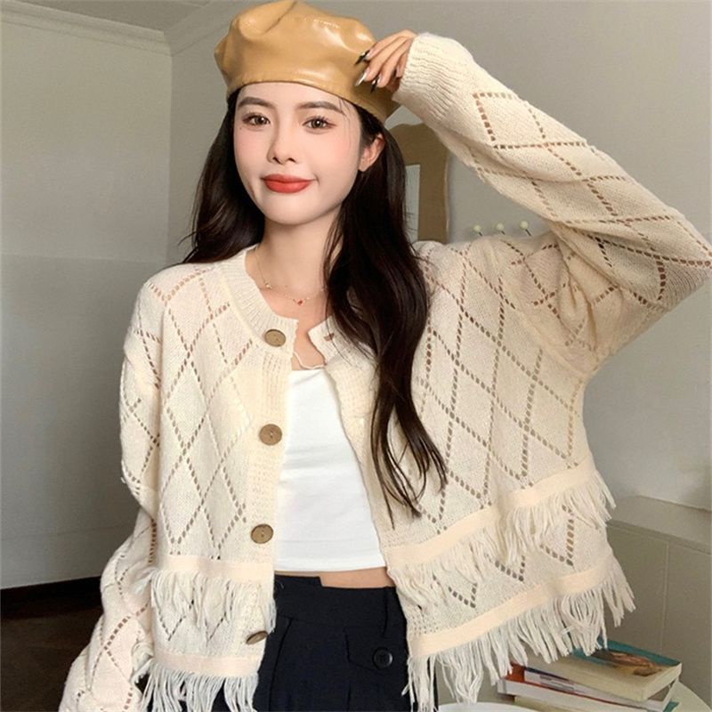 Áo Khoác Cardigan Dệt Kim Phối Tua Rua Thời Trang Mùa Thu Thanh Lịch