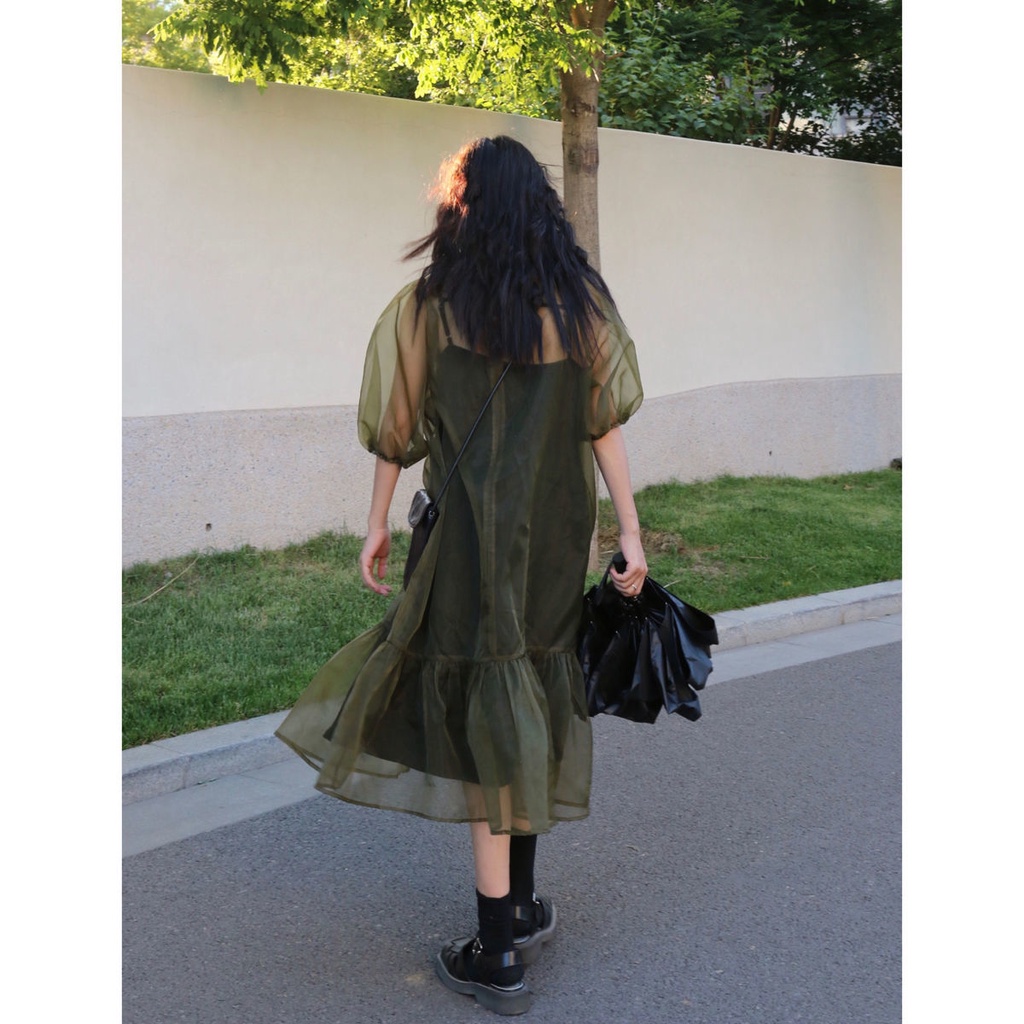 Đầm phối lưới phồng màu xanh lá size lớn thời trang mùa hè châu Âu dành cho nữ