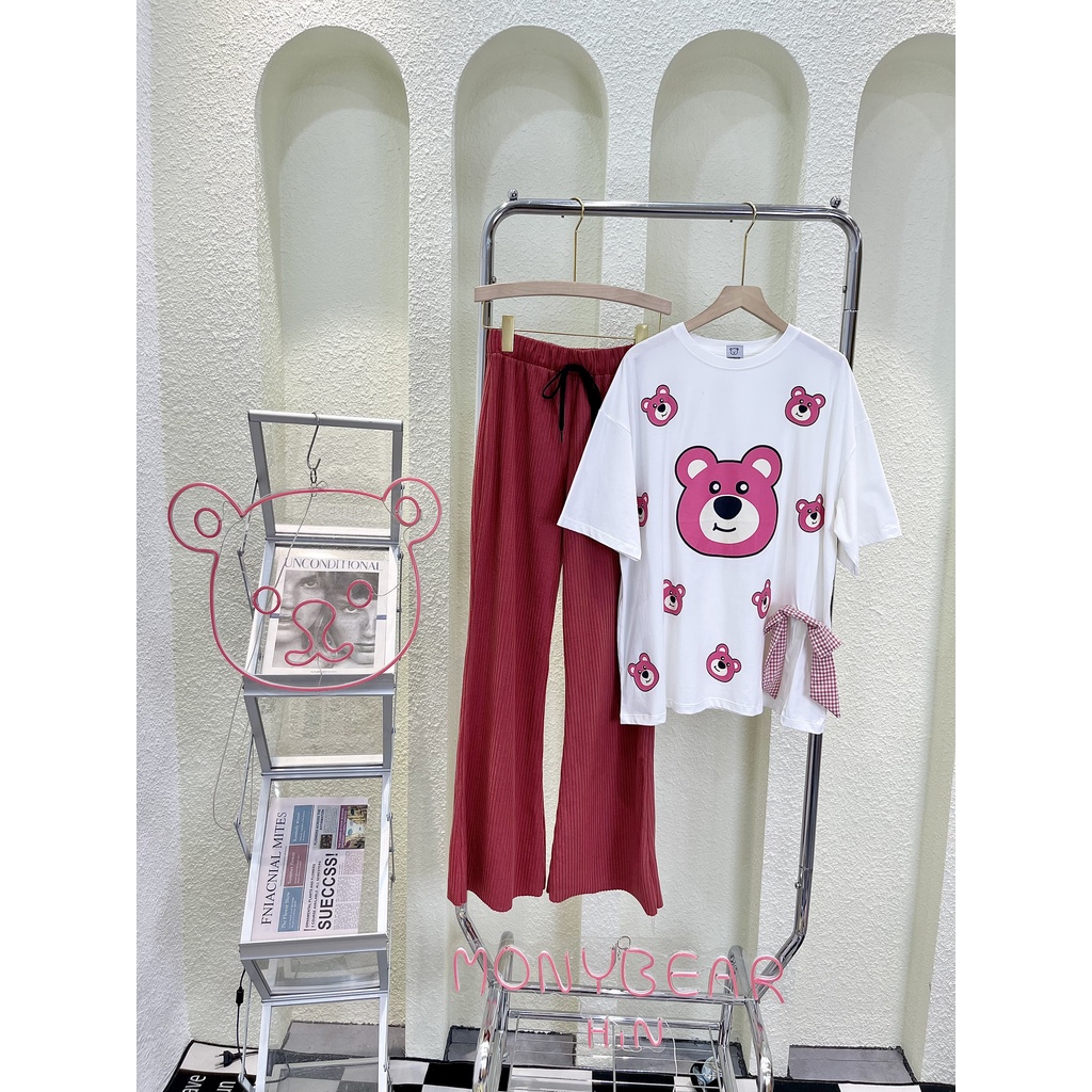Set Áo Phông Gấu Dâu Kèm Nơ Phối Quần Loe Xinh Xắn, Cá Tính - HN440