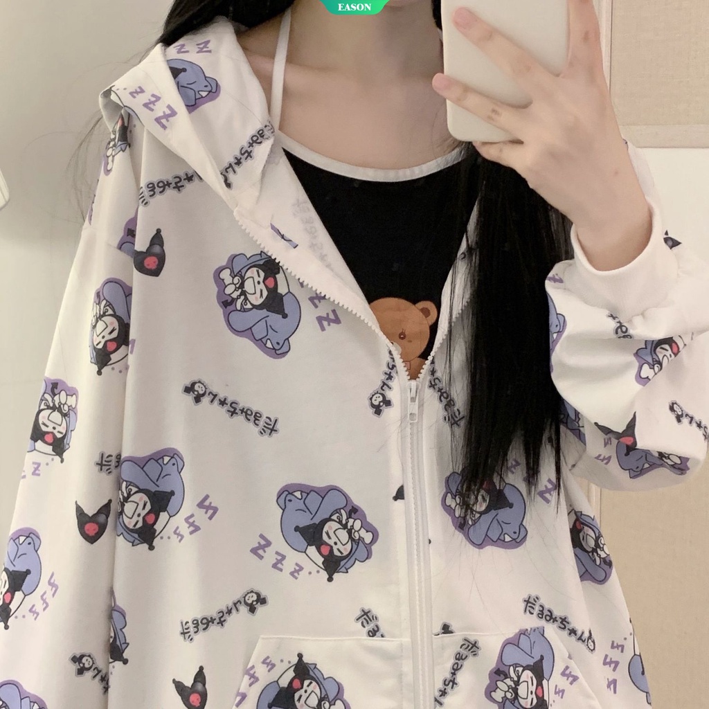 Áo Khoác Cardigan Có Mũ Dáng Rộng In Hình Sanrio Kuromi Thời Trang Thu Đông 2022