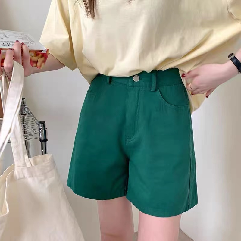 Quần short BH denim lưng cao ống rộng màu sắc tươi sáng phong cách Hàn Quốc dành cho nữ