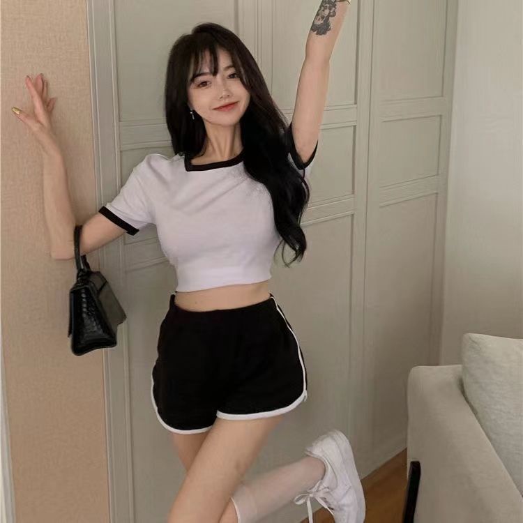 Jiashucheng Set Đồ Thể Thao Màu Sắc Tương Phản Gồm Áo Thun Tay Ngắn + Quần Short Thời Trang Mùa Hè Cho Nữ