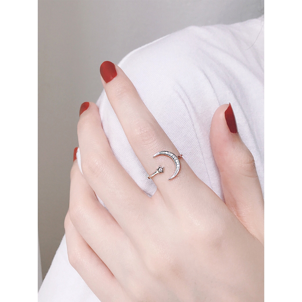 Exquisite Nhẫn Hở Mạ Bạc Hình Trăng Sao Xinh Xắn