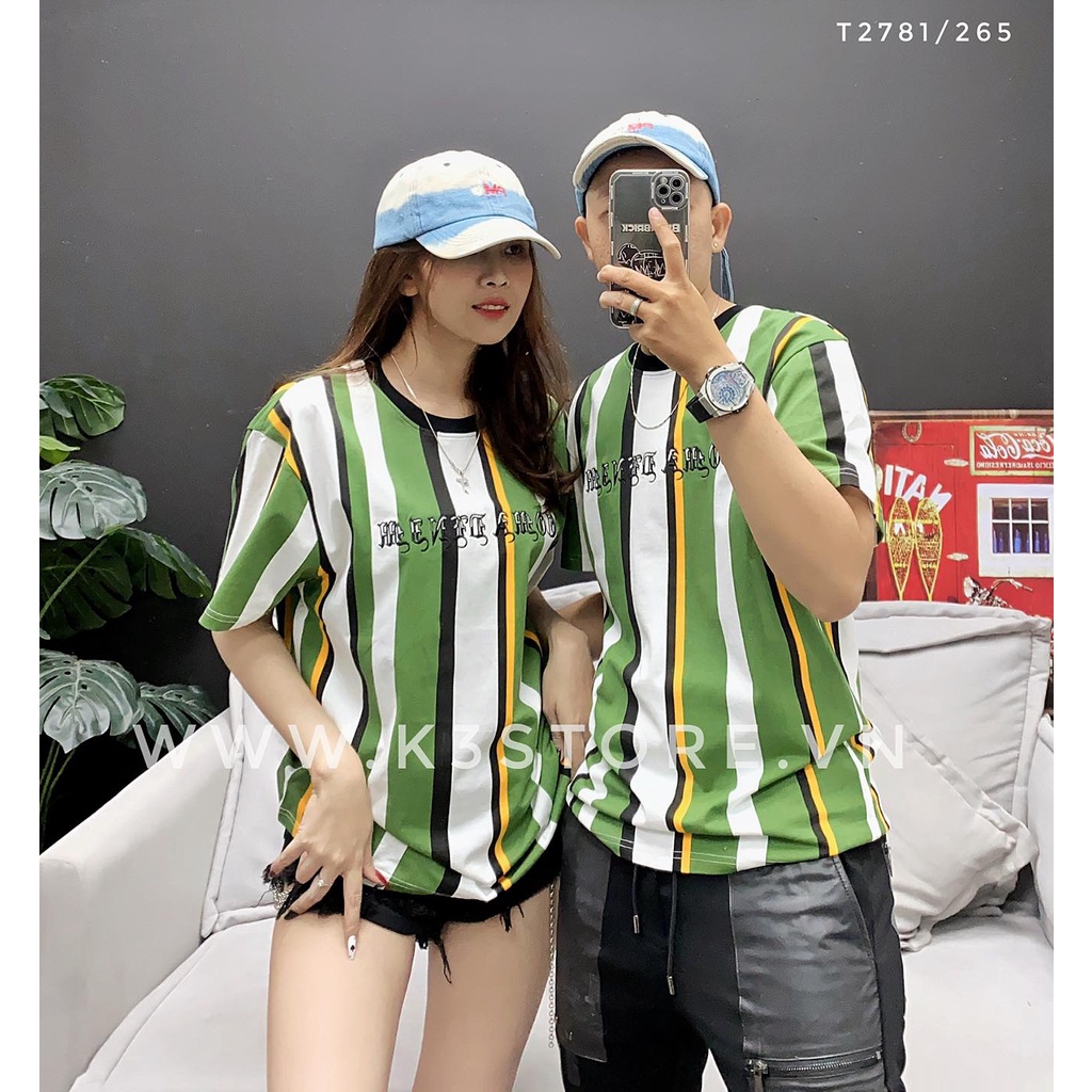 Áo thun cặp tay ngắn cổ tròn, áo thun đôi sọc dọc xanh lá thêu chữ, chất cotton K3 STORE ĐỒ ĐÔI T2781