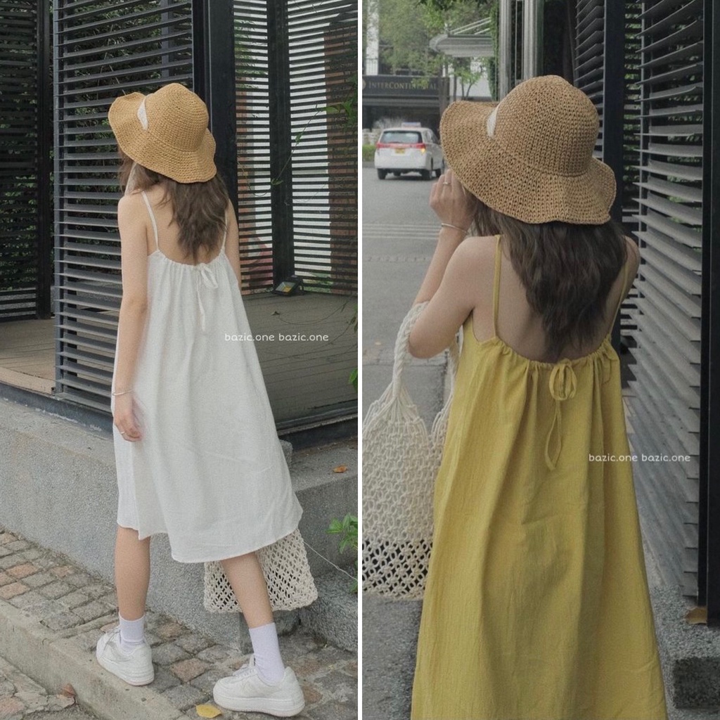 Váy 2 dây maxi chất đũi đi biển rút dây lưng điều chỉnh