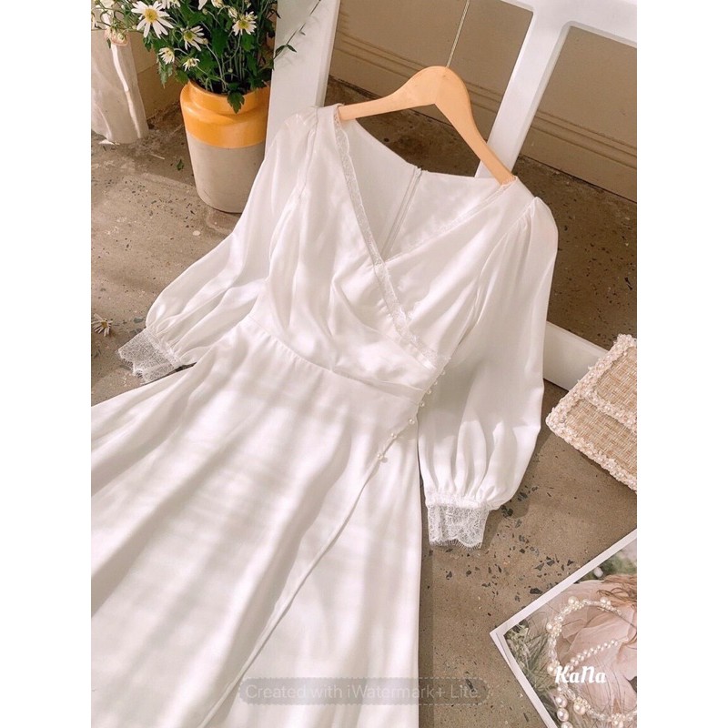 Váy Trắng Cuới Tay Dài Viền Ren Tà Đắp Chéo Kết Ngọc Dự Tiệc Size S M L V00207 Cho Cô Dâu AĐ BOUTIQUE