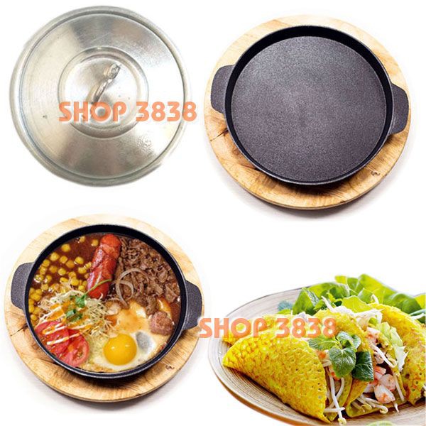 Chảo Gang Chống Dính - Nắp - Đế Gỗ  Làm Bò Né Bánh Xèo Steak
