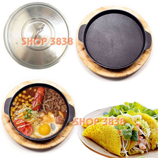 Chảo Gang Chống Dính - Nắp - Đế Gỗ ( Lựa Size 20-22-24 ) Làm Bò Né Bánh Xèo Steak