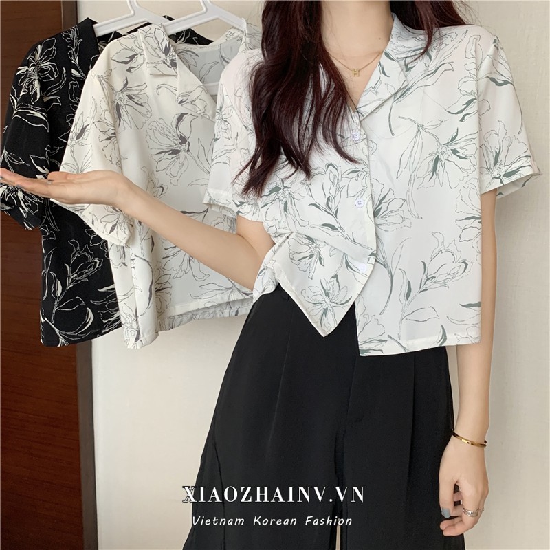 Xiaozhainv Áo Sơ Mi Nữ Tay Ngắn Dáng Rộng In Họa Tiết Phong Cách Retro