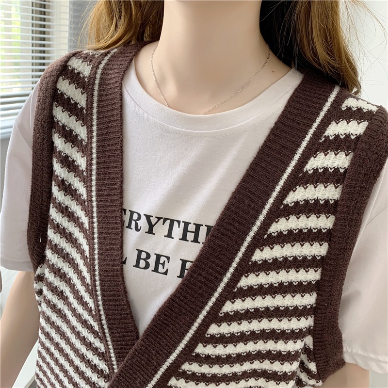 Áo sweater dệt kim SUXI không tay dáng rộng kẻ sọc phong cách retro Hàn Quốc dành cho nữ