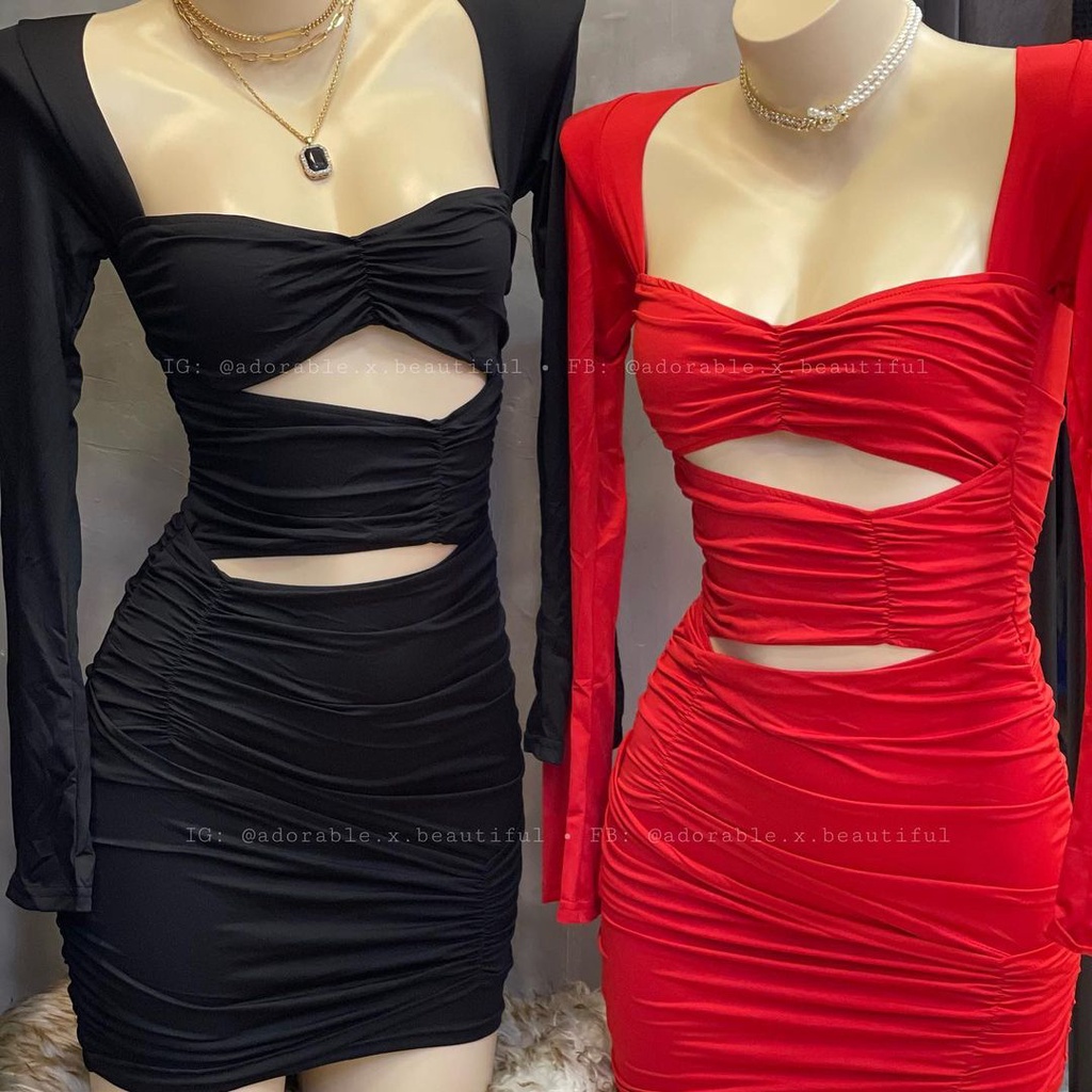 Đầm Body Thun Tay Dài 2 Lớp Cut Out, Váy Ôm Cổ Vuông Co Giãn Sexy Dự Tiệc Sang Trọng