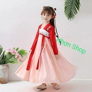 SẴN 110-Hán phục thêu,  thắt ngực cực xinh xẻo cho bé, tặng trâm,chusa,dây ruy băng buộc tóc.