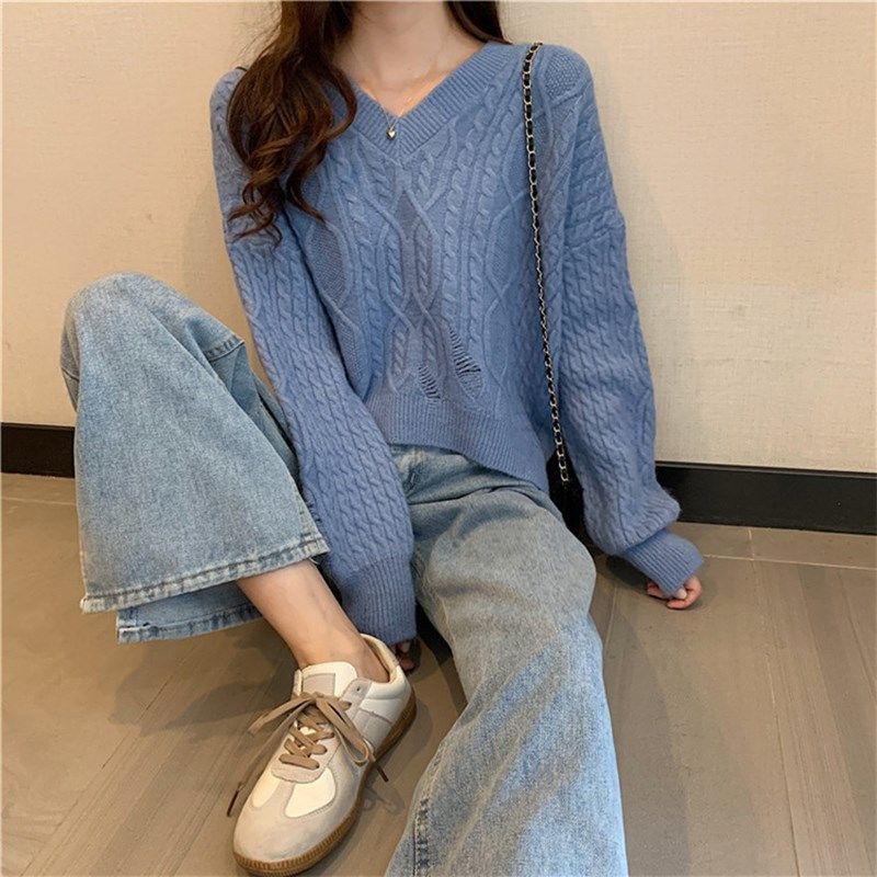 Áo sweater dệt kim cổ tim màu trơn thời trang cho nữ