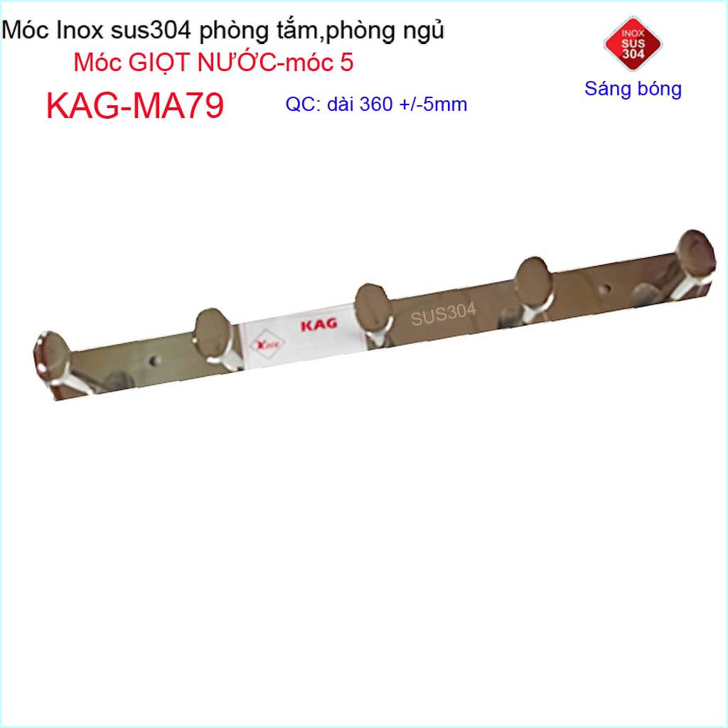 Móc giọt nước treo quần áo inox 304 cao cấp dày, móc Kace 5 móc treo đồ nhà tắm KAG-MA79